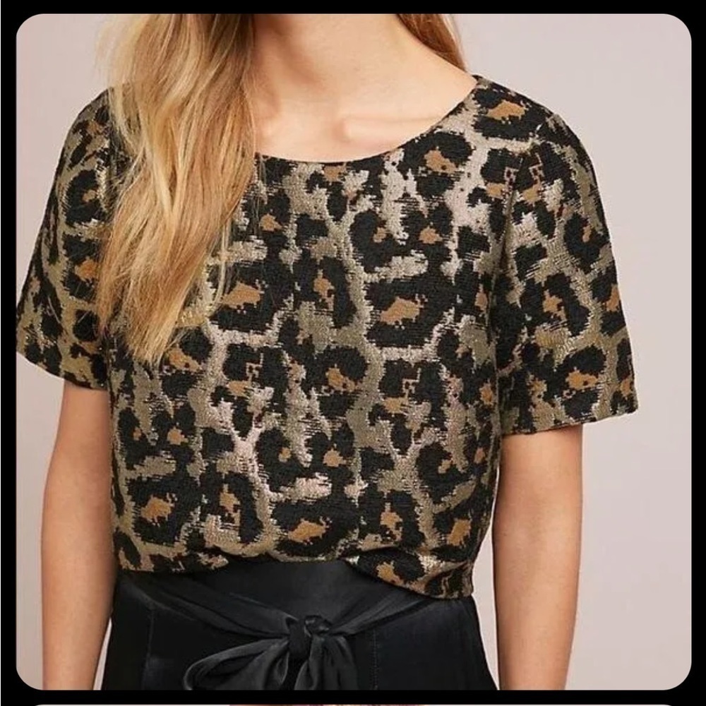 ANTHROPOLOGIE Hutch Brocade Metallic Leopard Animal Print Blouse Women’s xs